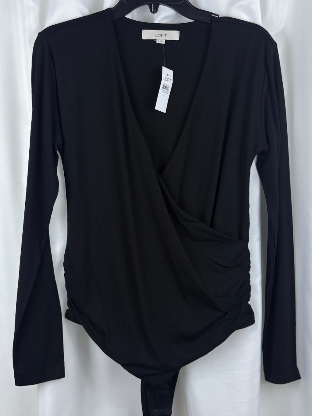 LOFT Black Faux Wrap Bodysuit NWT Women’s Large Long Sleeve V Neck Ruched